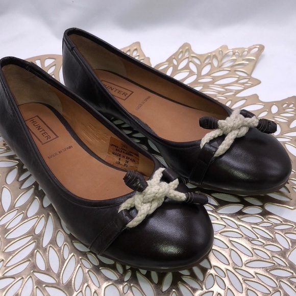 HUNTER Made in Spain Leather Upper Rubber Sole Vamp Tie Brown Ballet Flats S/6 - Picture 1 of 12